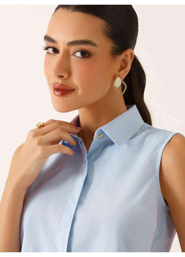 Camisa sem Mangas em Tricoline Listrado Azul Claro Tonia - PRINCIPESSA