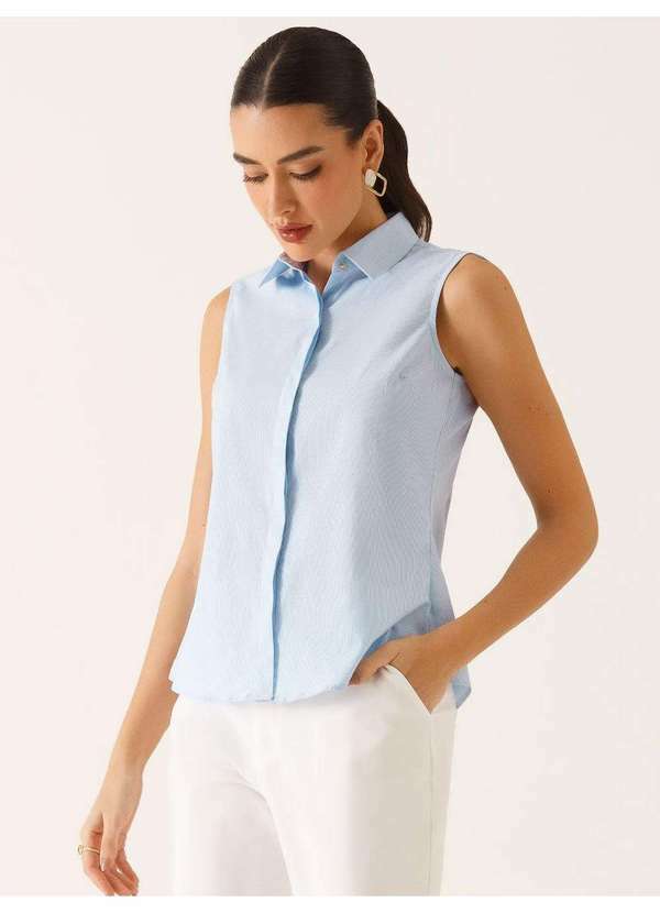 Camisa sem Mangas em Tricoline Listrado Azul Claro Tonia - PRINCIPESSA