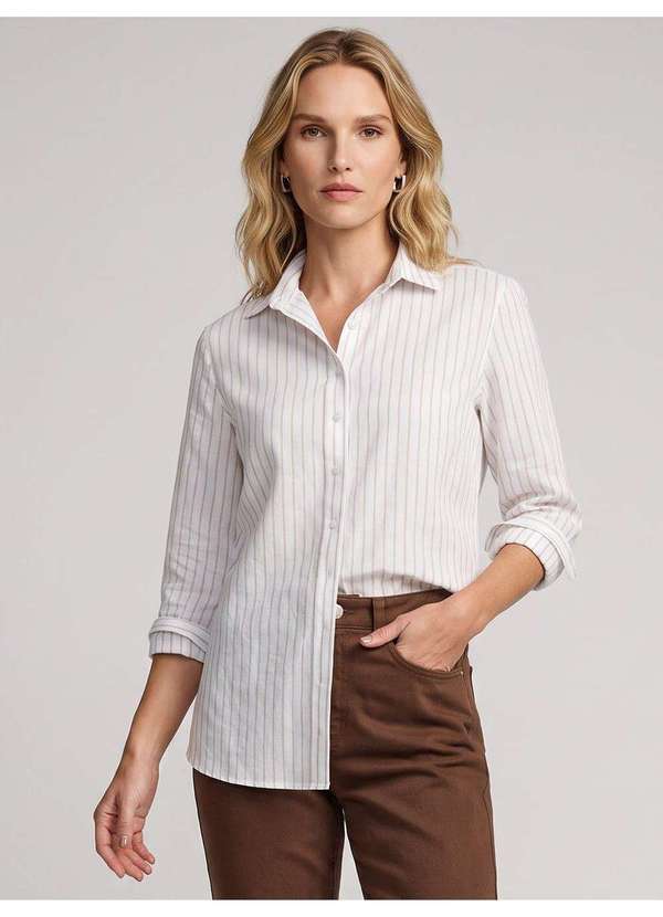 Camisa Comfy de Algodao Fio Tinto Listrada Off e Bege Belmira - PRINCIPESSA