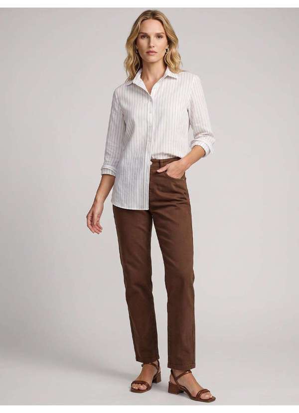 Camisa Comfy de Algodao Fio Tinto Listrada Off e Bege Belmira - PRINCIPESSA