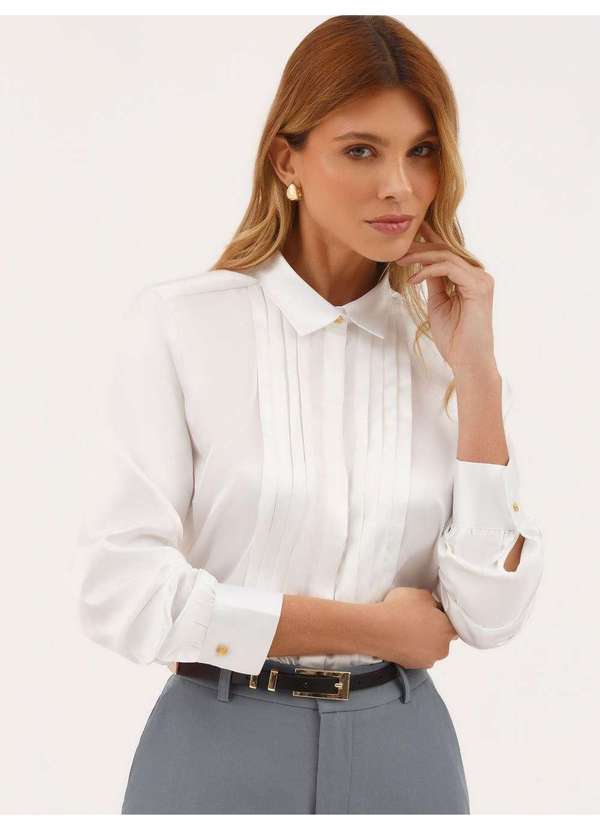 Camisa Manga Longa Regular em Cetim Off White Aurora - PRINCIPESSA