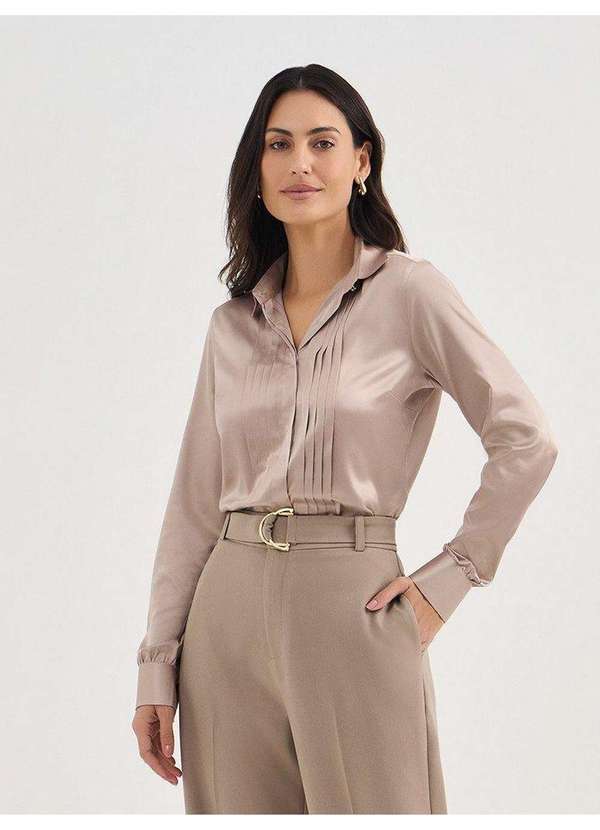 Camisa Manga Longa em Cetim Mocha Mousse Amelia - PRINCIPESSA
